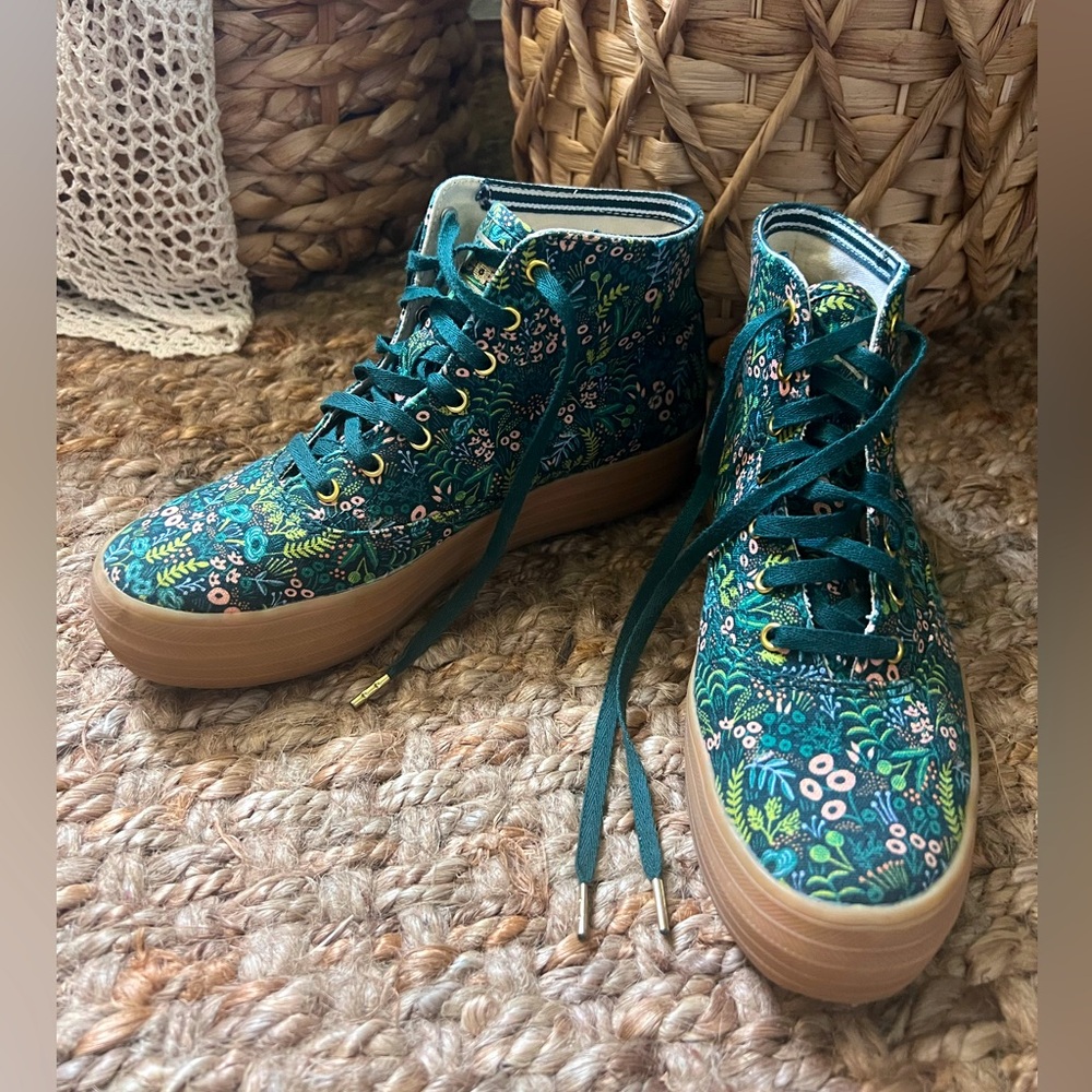 Platform Keds high tops Rifle Paper Co embroidered botanical w/ gold accents